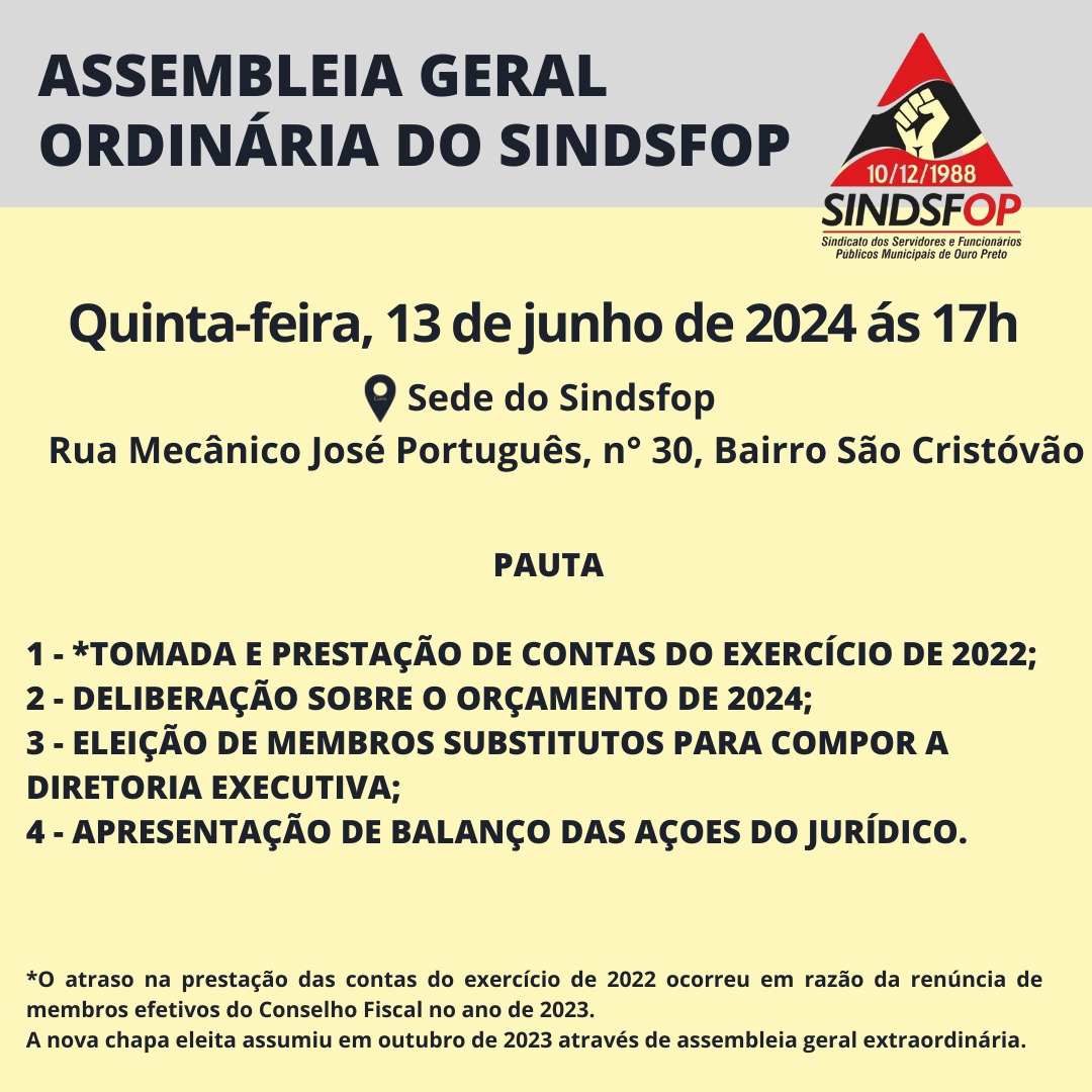 Atenção Servidores e Funcionários Municipais de Ouro Preto Assembleia