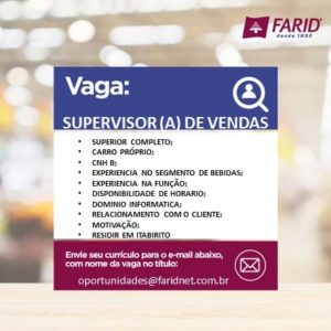 Vaga para supervisor de venda em Itabirito -MG