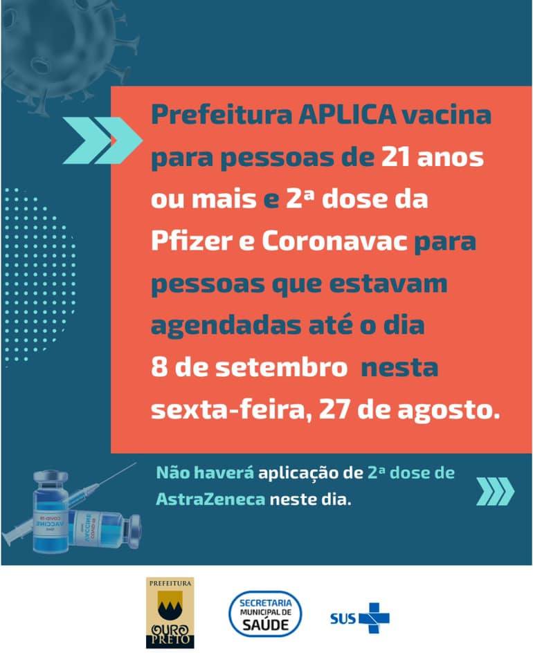 Ouro Preto já vacinará pessoas com 21 e 22 anos